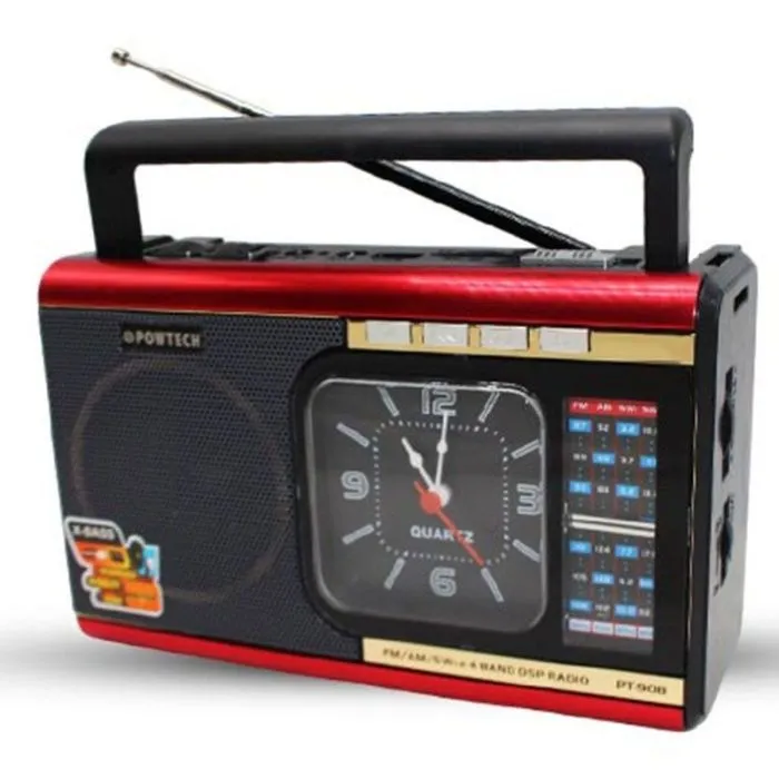 Radio FM sans fil POWTECH PT-908 – vue avant noire et rouge.