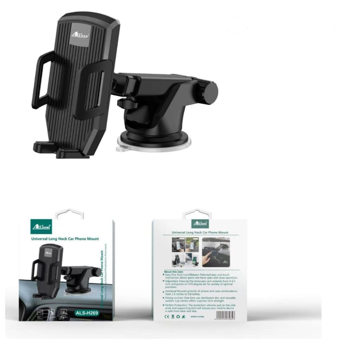 Bras télescopique du support ALS-H269 ajusté avec smartphone en mode paysage.