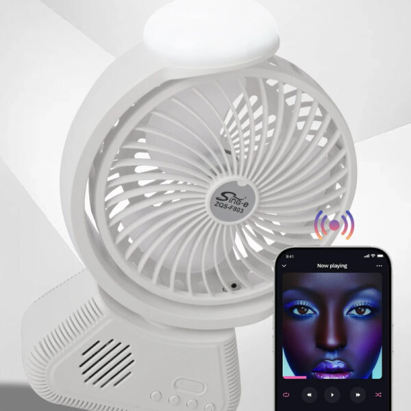 Sing-e ZQS F803 Mini enceinte sans fil FM TF BT, ventilateur de bureau multifonctionnel, silencieux, portable, rechargeable