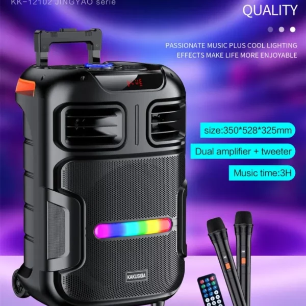 Enceinte Bluetooth Jingyao KK-12102 avec haut-parleur 12 pouces et LED colorées.
