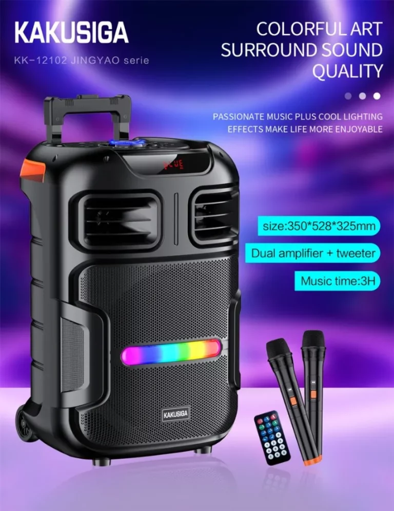 Enceinte Bluetooth Jingyao KK-12102 avec haut-parleur 12 pouces et LED colorées.