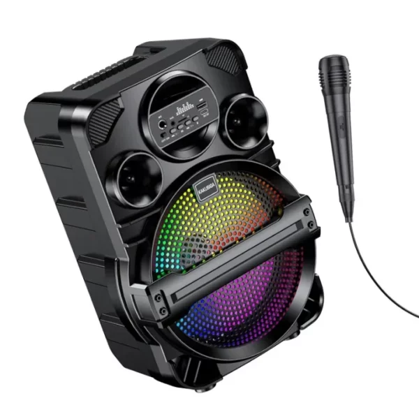 Enceinte Bluetooth KAKUSIGA KK-8106 avec haut-parleur 8 pouces et LED colorées.