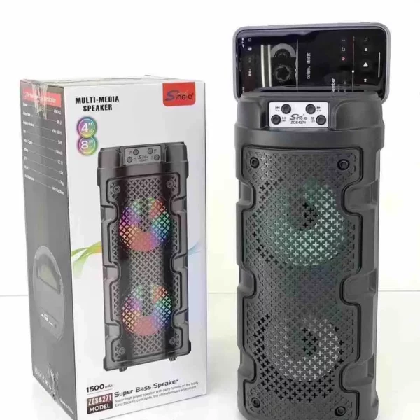 Enceinte ZQS-4271 utilisée en extérieur avec LED allumées.