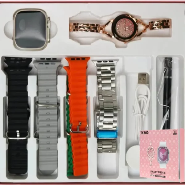 Pack TK600 Smartwatch couple avec deux montres connectées et bracelets interchangeables.