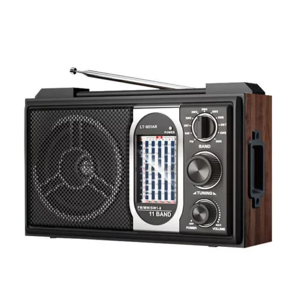 Radio vintage rechargeable avec haut-parleur intégré et design rétro.