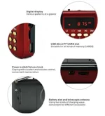 Détails du design rouge métallisé et écran LED de la radio JOC H011BT Bluetooth.