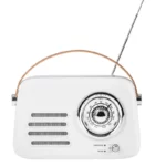 Radio T10 portable argentée avec lecteur USB et carte mémoire.