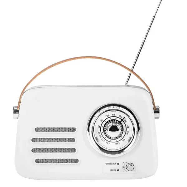 Radio T10 portable argentée avec lecteur USB et carte mémoire.