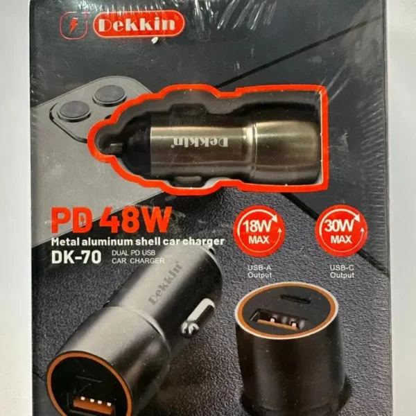 Chargeur voiture DEKKIN PD 48W avec port USB QC18W et USB-C PD30W.