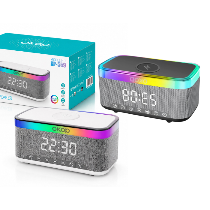 Enceinte Bluetooth 5-en-1 OKOP KP-559 RGB avec Charge Sans Fil, Réveil & Veilleuse LED