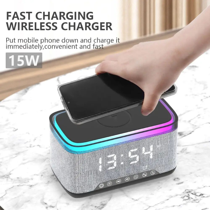 Enceinte Bluetooth 5-en-1 OKOP KP-559 RGB avec Charge Sans Fil, Réveil & Veilleuse LED – Image 7