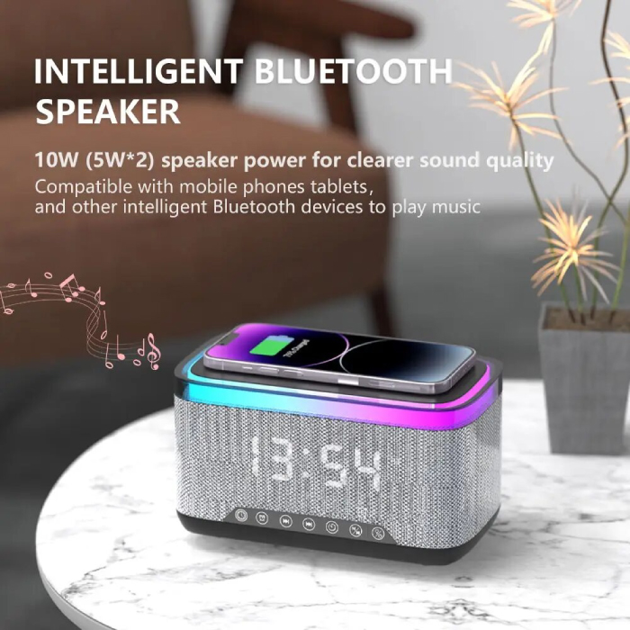 Enceinte Bluetooth 5-en-1 OKOP KP-559 RGB avec Charge Sans Fil, Réveil & Veilleuse LED – Image 6
