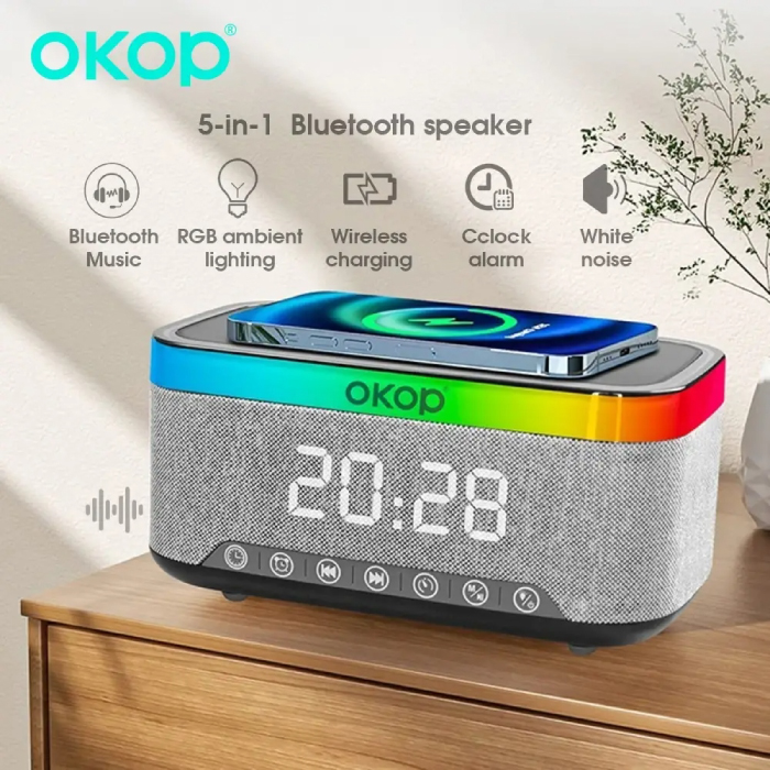 Enceinte Bluetooth 5-en-1 OKOP KP-559 RGB avec Charge Sans Fil, Réveil & Veilleuse LED – Image 5