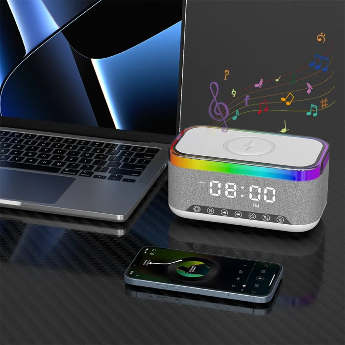 Enceinte Bluetooth 5-en-1 OKOP KP-559 RGB avec Charge Sans Fil, Réveil & Veilleuse LED – Image 4