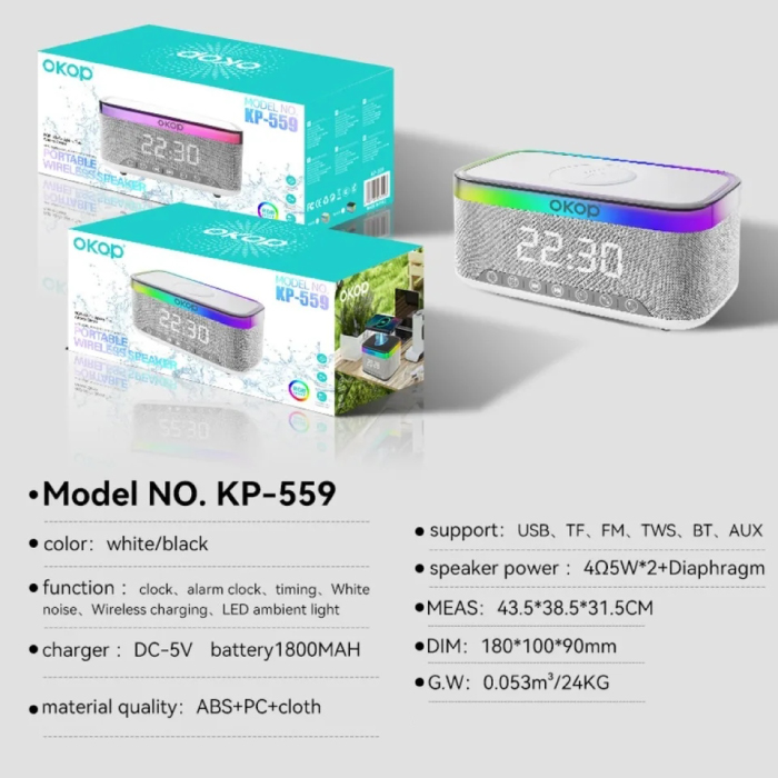 Enceinte Bluetooth 5-en-1 OKOP KP-559 RGB avec Charge Sans Fil, Réveil & Veilleuse LED – Image 9