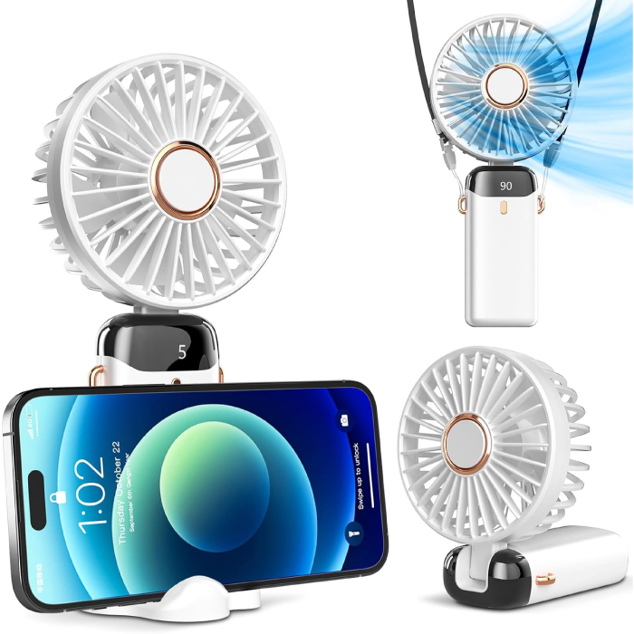 Ventilateur de Poche Multifonctionnel Rechargeable – 5 Vitesses avec Base & Affichage Numérique