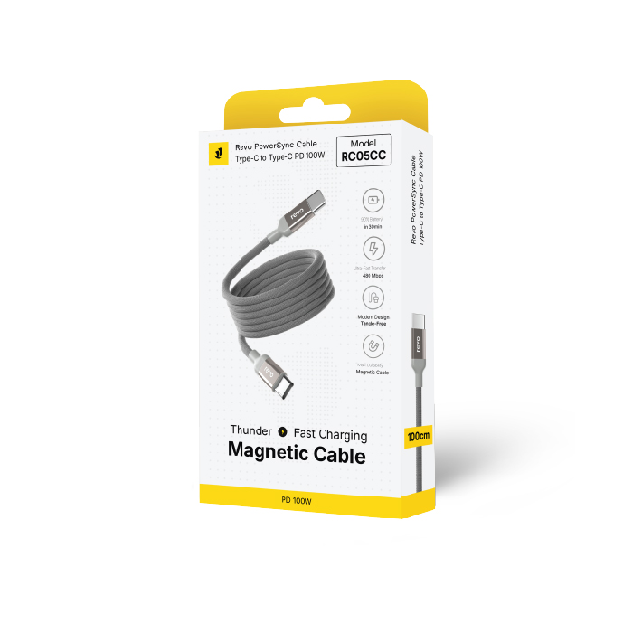 Câble USB-C vers USB-C RC05CC Revo – Magnétique & Auto-Enroulable – Power Delivery PD 100W – 100cm – Image 2
