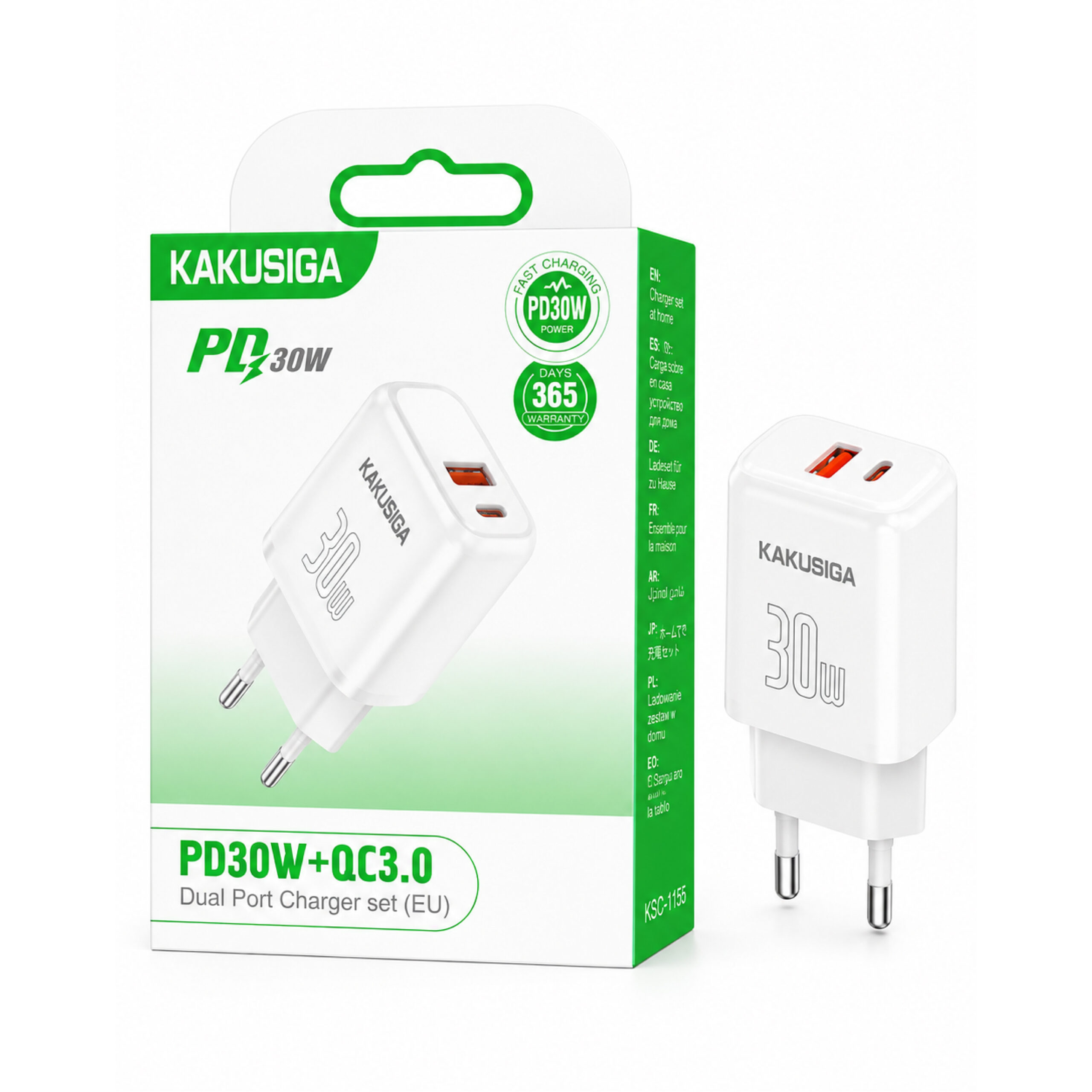 Chargeur Mural KAKUSIGA Double Port PD 30W + QC 3.0 – Blanc