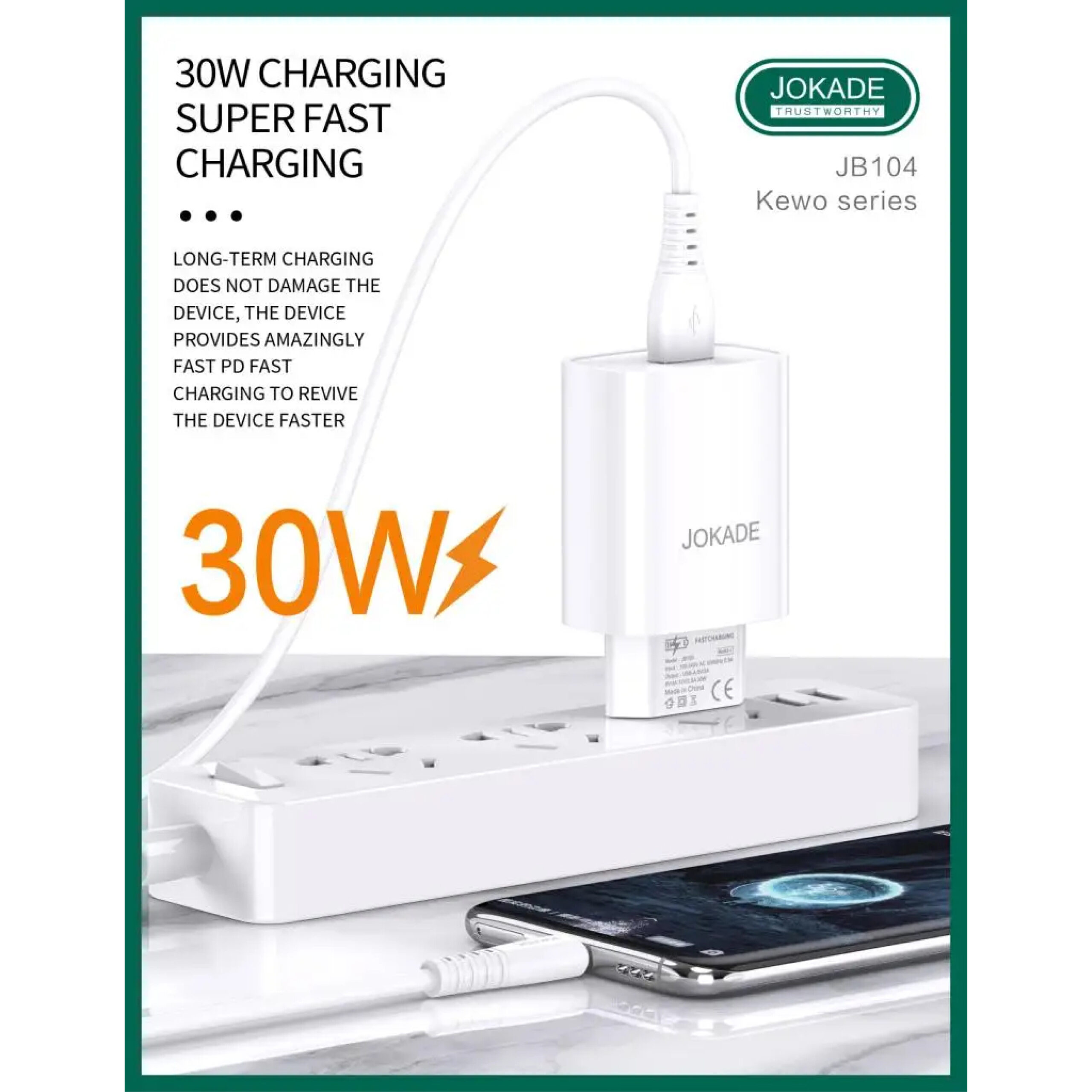 Chargeur Rapide JOKADE 30W PD 3.0 / QC 3.0 USB-C avec Câble – Image 4