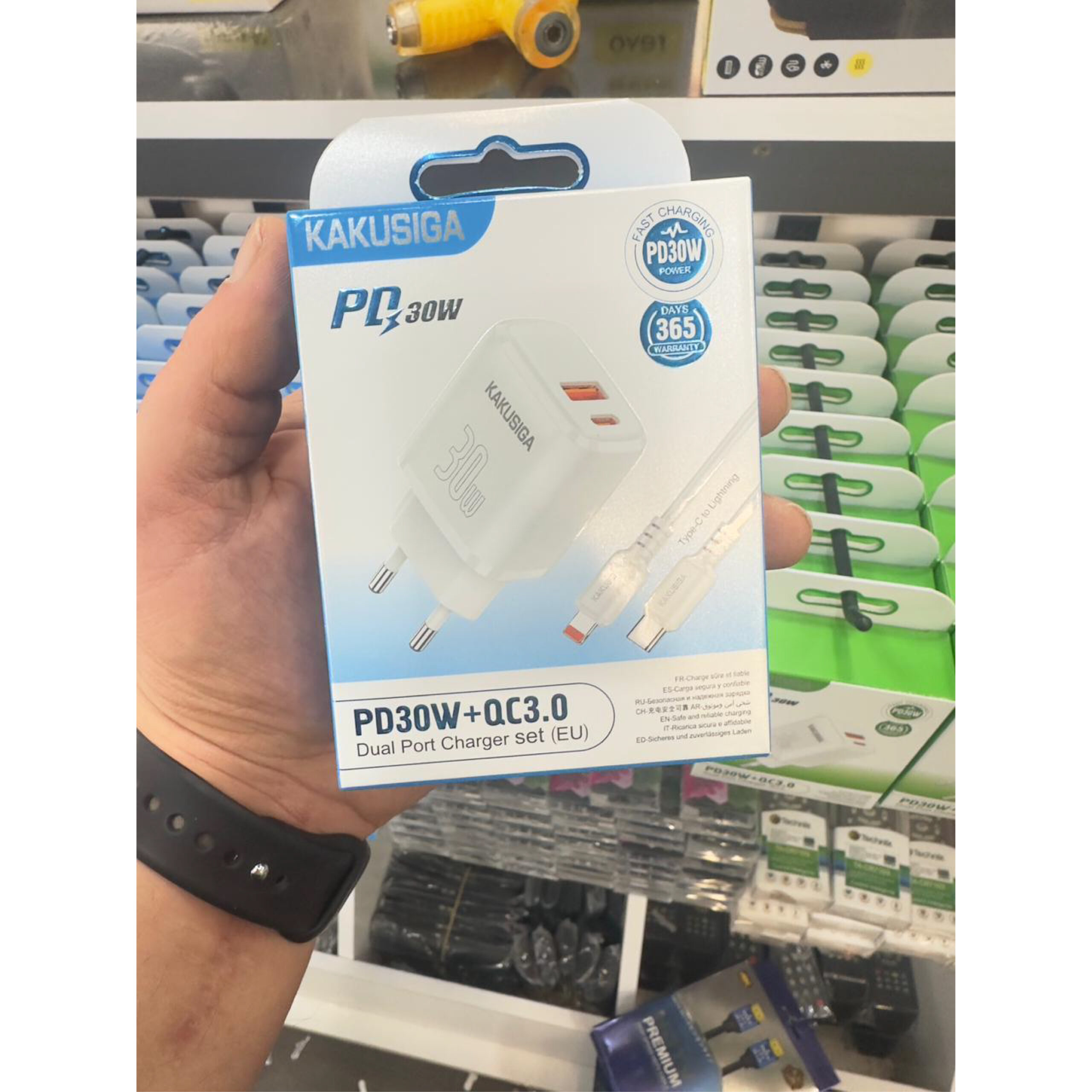 Chargeur Rapide KAKUSIGA Double Port PD 30W + QC 3.0 avec Câble USB-C vers Lightning – Blanc – Image 3