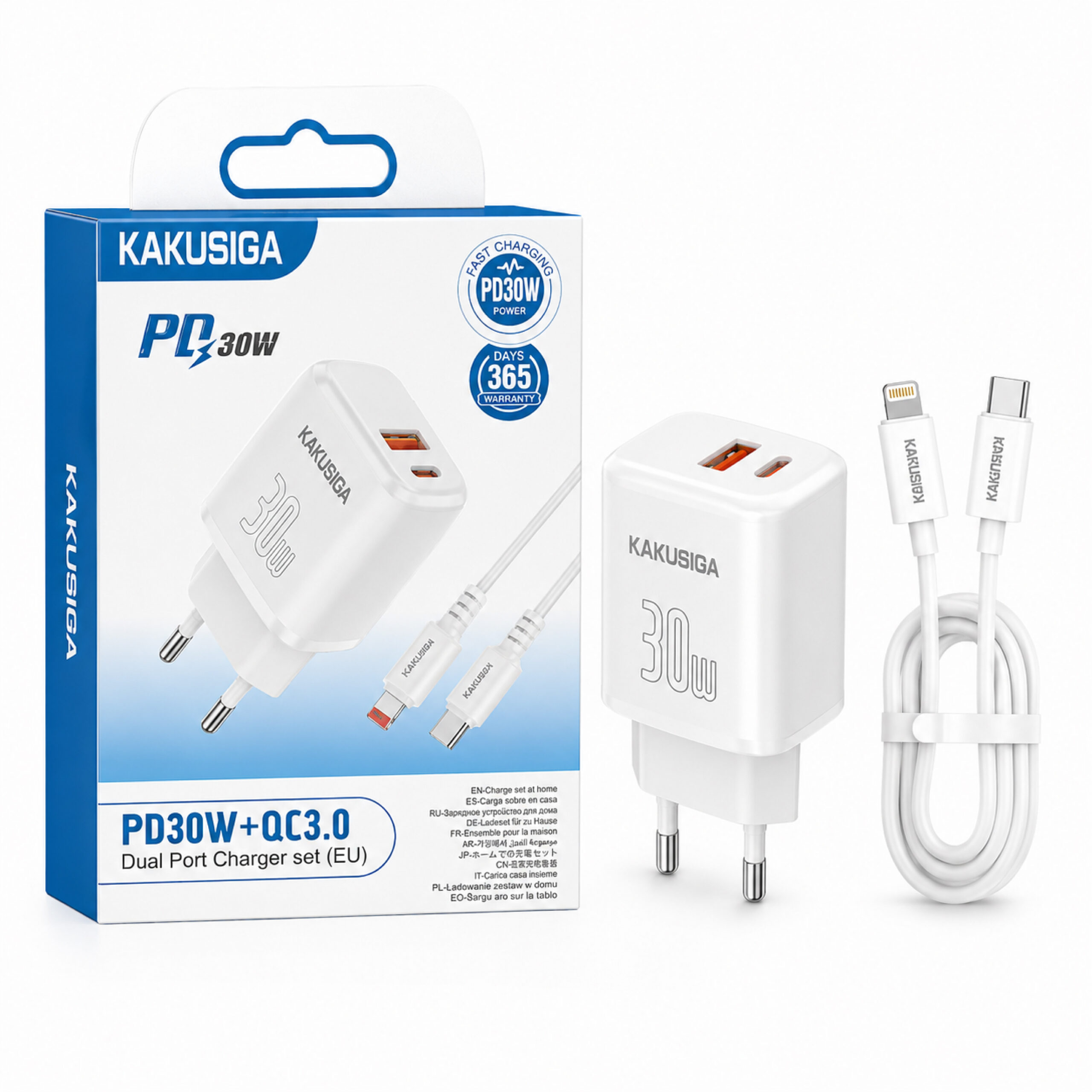 Chargeur Rapide KAKUSIGA Double Port PD 30W + QC 3.0 avec Câble USB-C vers Lightning – Blanc