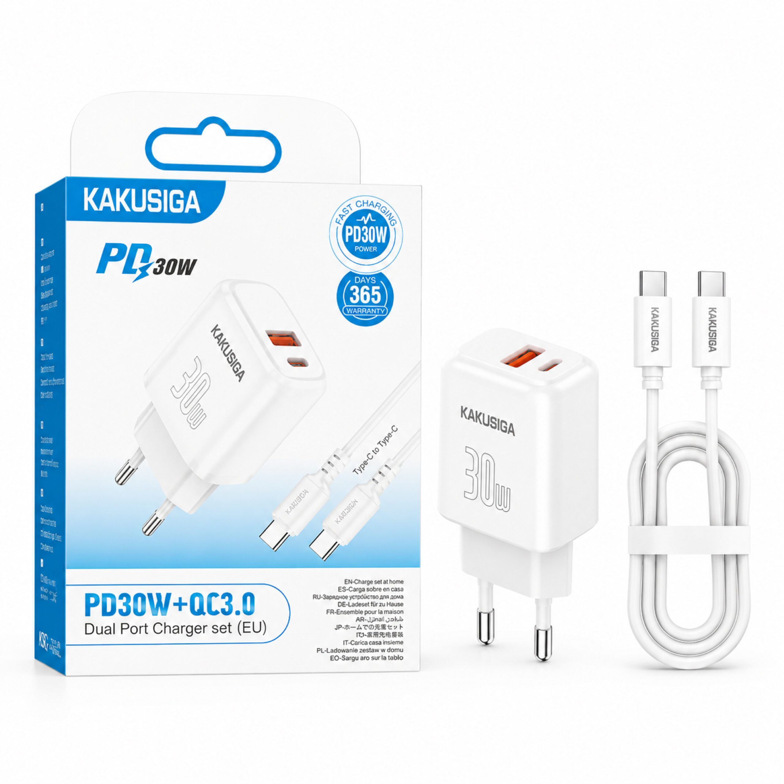 Chargeur Rapide KAKUSIGA Double Port PD 30W + QC 3.0 avec Câble USB-C vers USB-C – Blanc