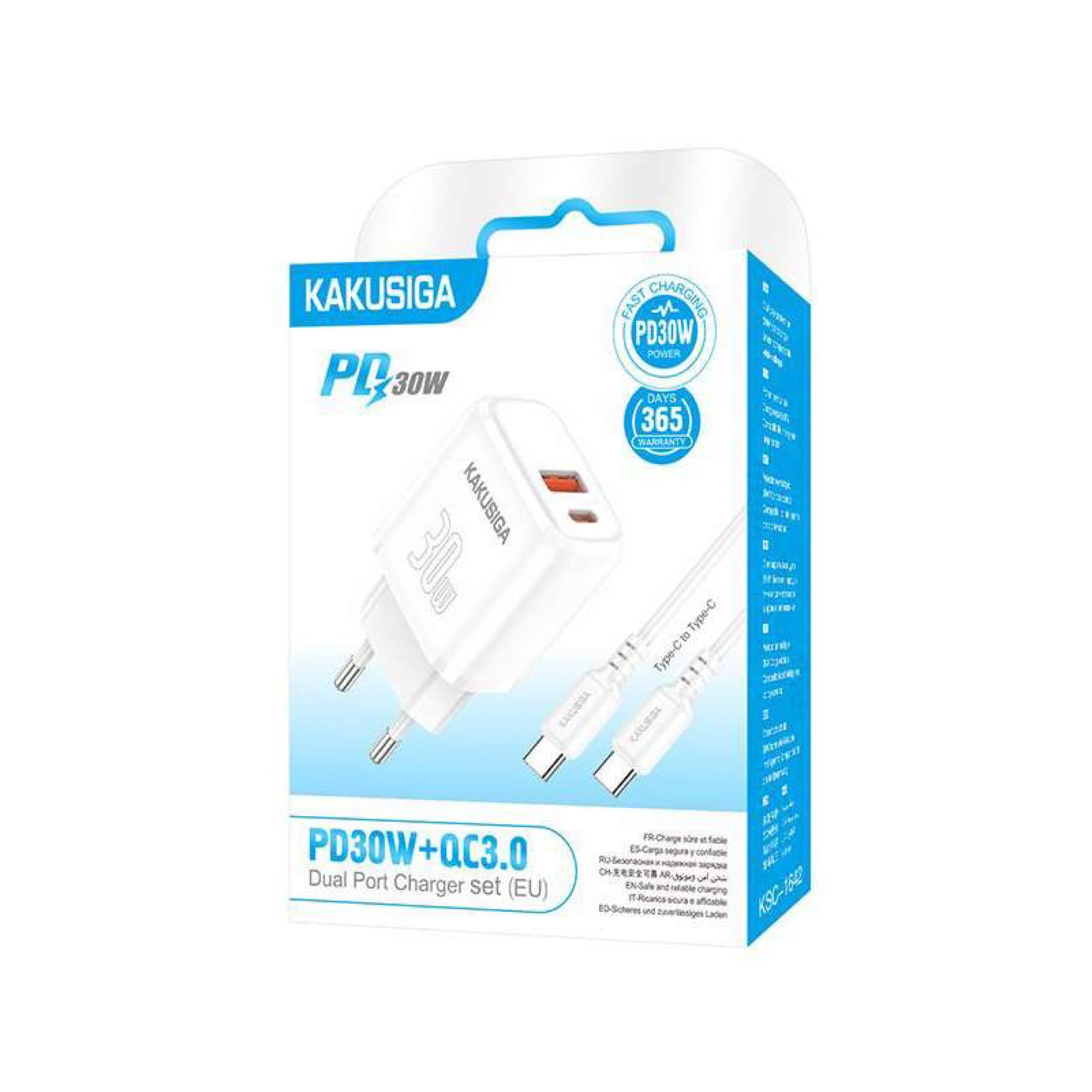 Chargeur Rapide KAKUSIGA Double Port PD 30W + QC 3.0 avec Câble USB-C vers USB-C – Blanc – Image 3