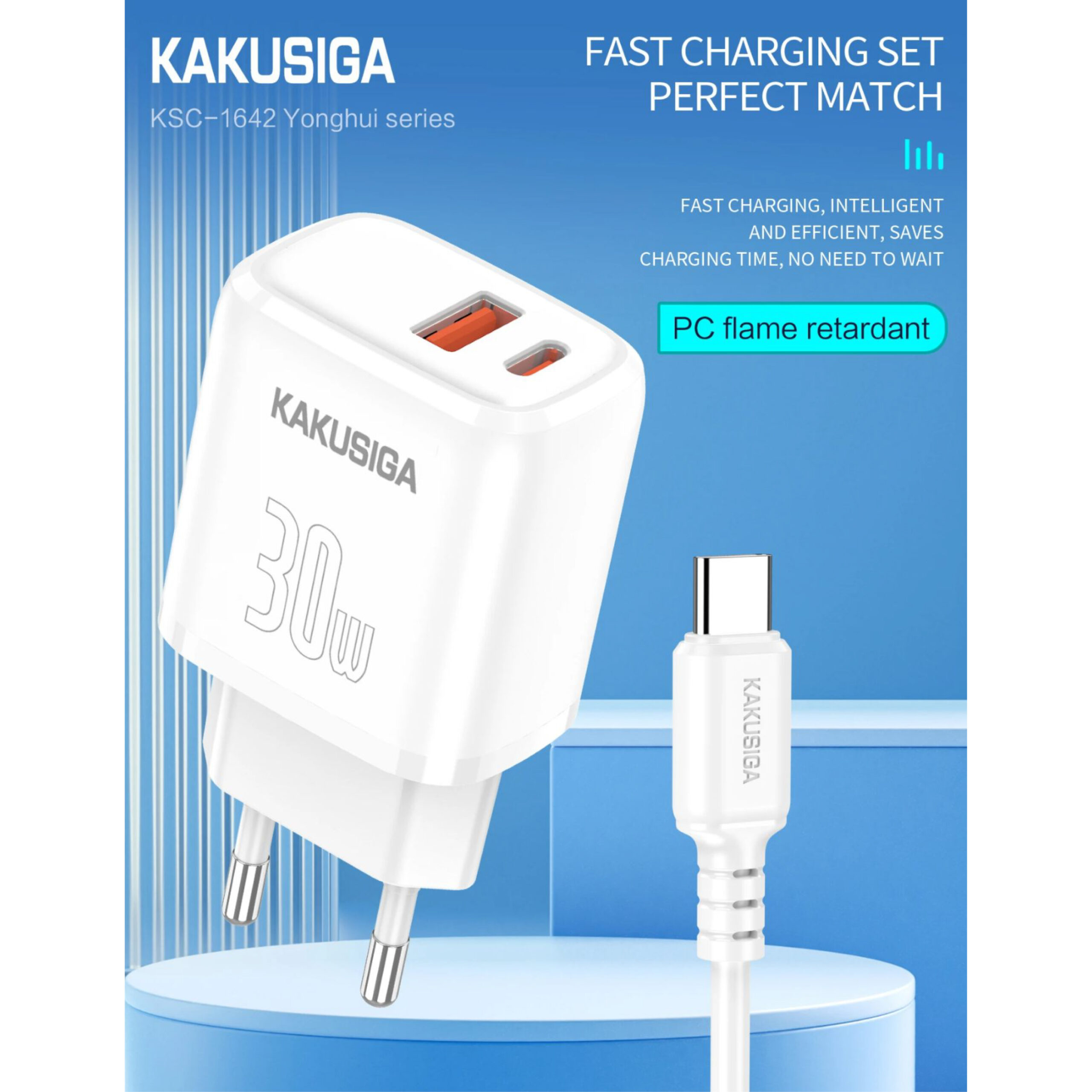 Chargeur Rapide KAKUSIGA Double Port PD 30W + QC 3.0 avec Câble USB-C vers USB-C – Blanc – Image 2