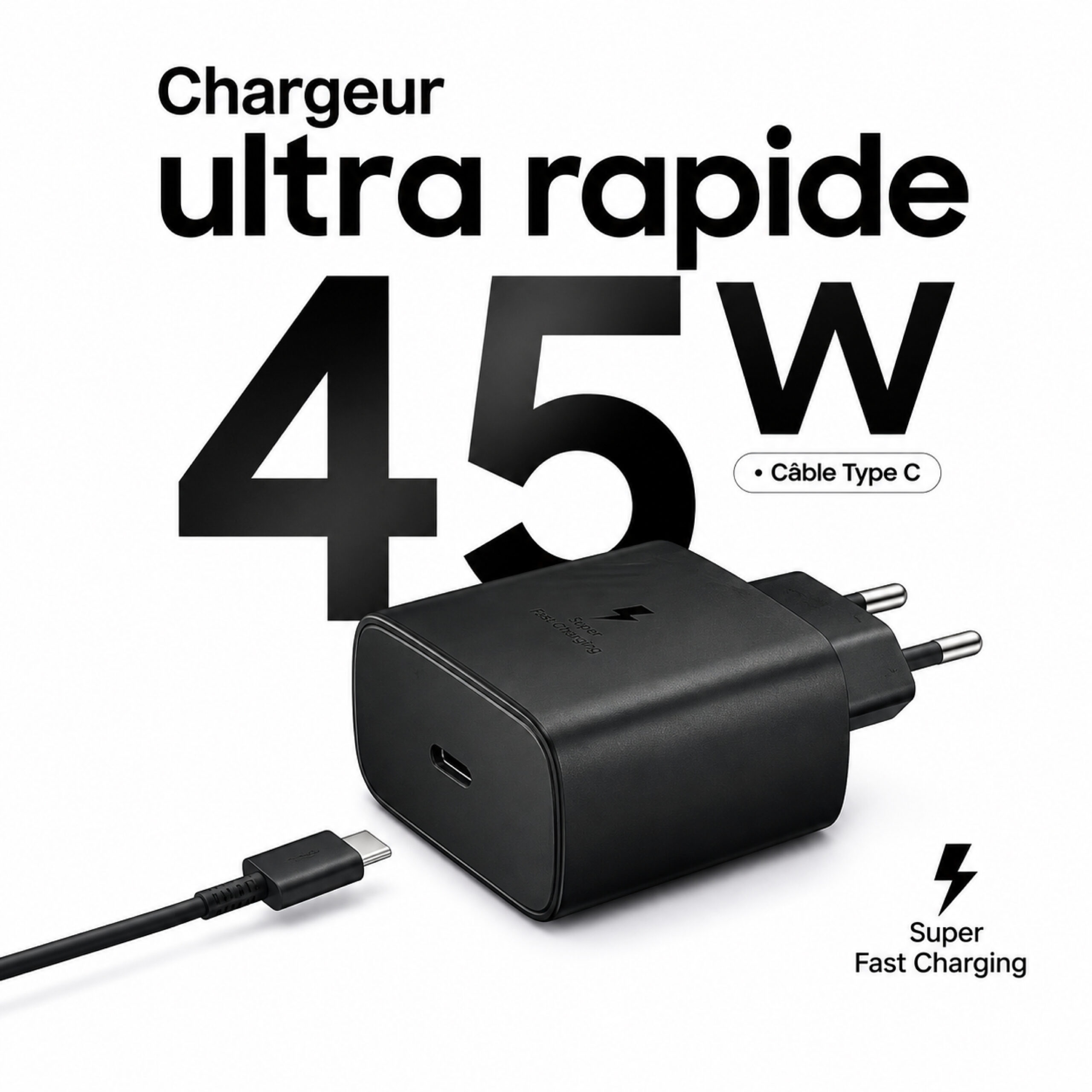Chargeur Samsung Super Fast Charge 45W PD 3.0 avec Câble USB-C vers USB-C – Image 3