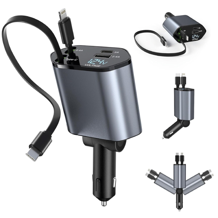 Chargeur de Voiture Rapide 120W – 4 en 1 avec Câbles Rétractables