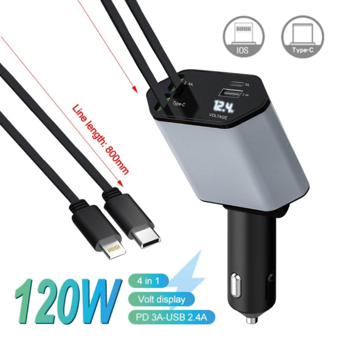 Chargeur de Voiture Rapide 120W – 4 en 1 avec Câbles Rétractables – Image 10
