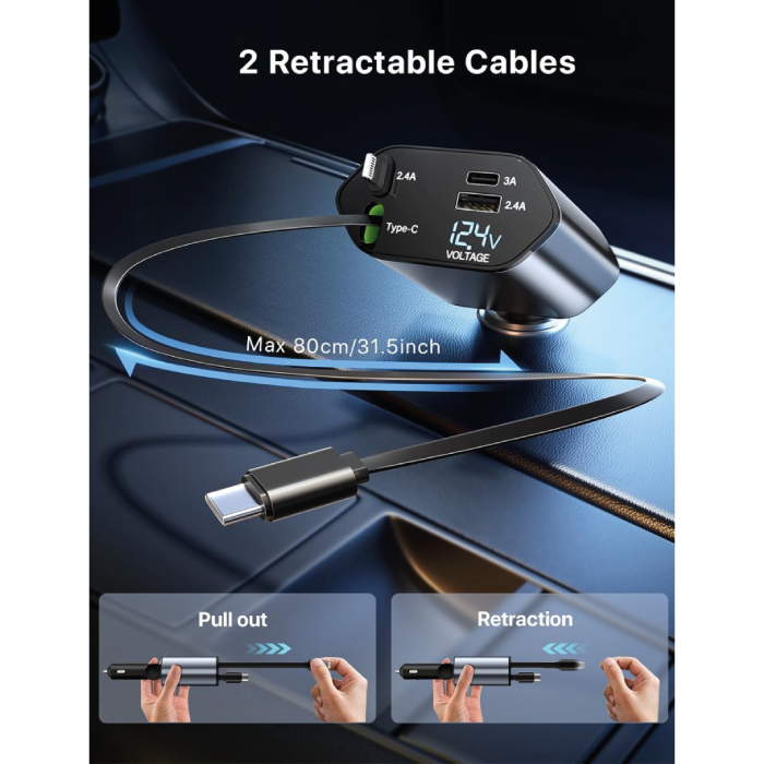 Chargeur de Voiture Rapide 120W – 4 en 1 avec Câbles Rétractables – Image 6