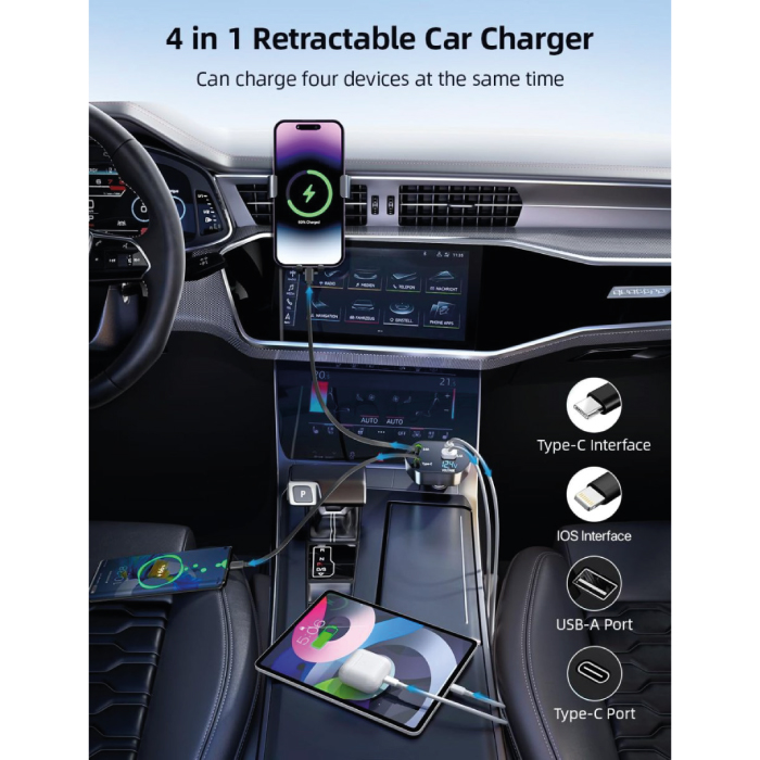Chargeur de Voiture Rapide 120W – 4 en 1 avec Câbles Rétractables – Image 4