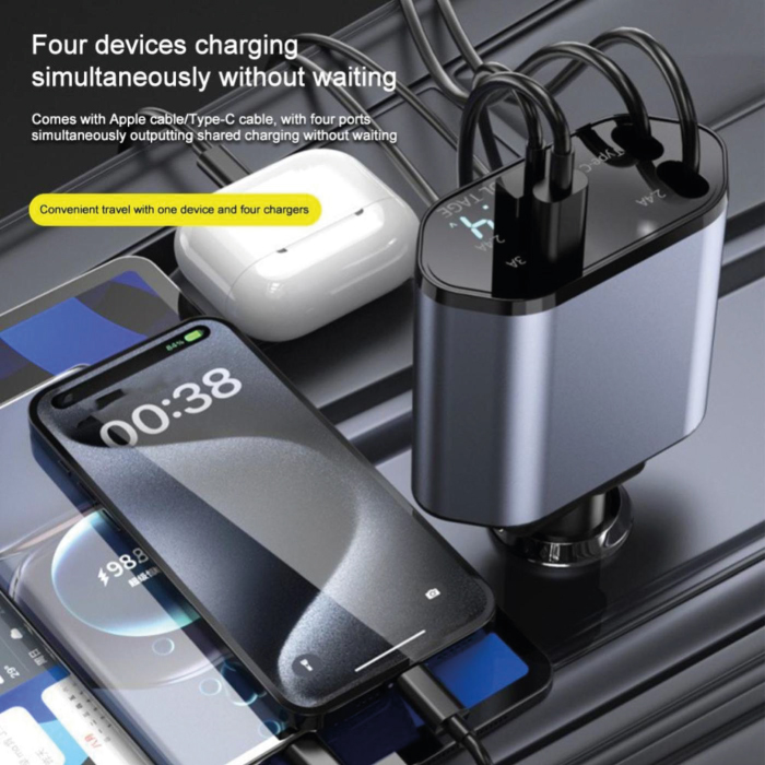 Chargeur de Voiture Rapide 120W – 4 en 1 avec Câbles Rétractables – Image 2