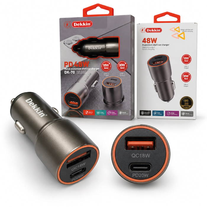 Chargeur de Voiture DEKKIN DK-70 – PD 48W USB + USB-C avec câble iPhone