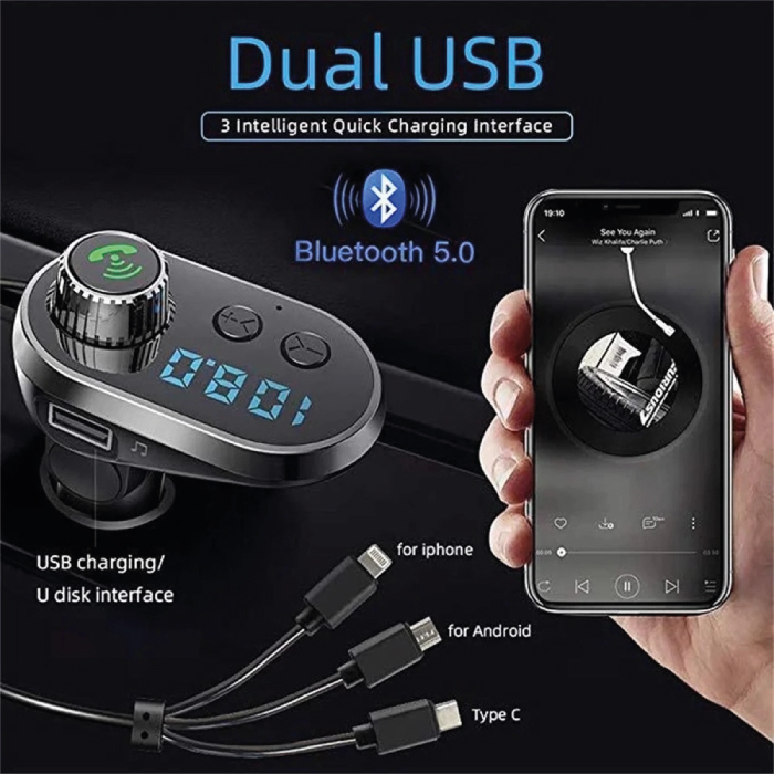 Transmetteur FM Bluetooth Q15 avec 3 Câbles de Charge – Image 3