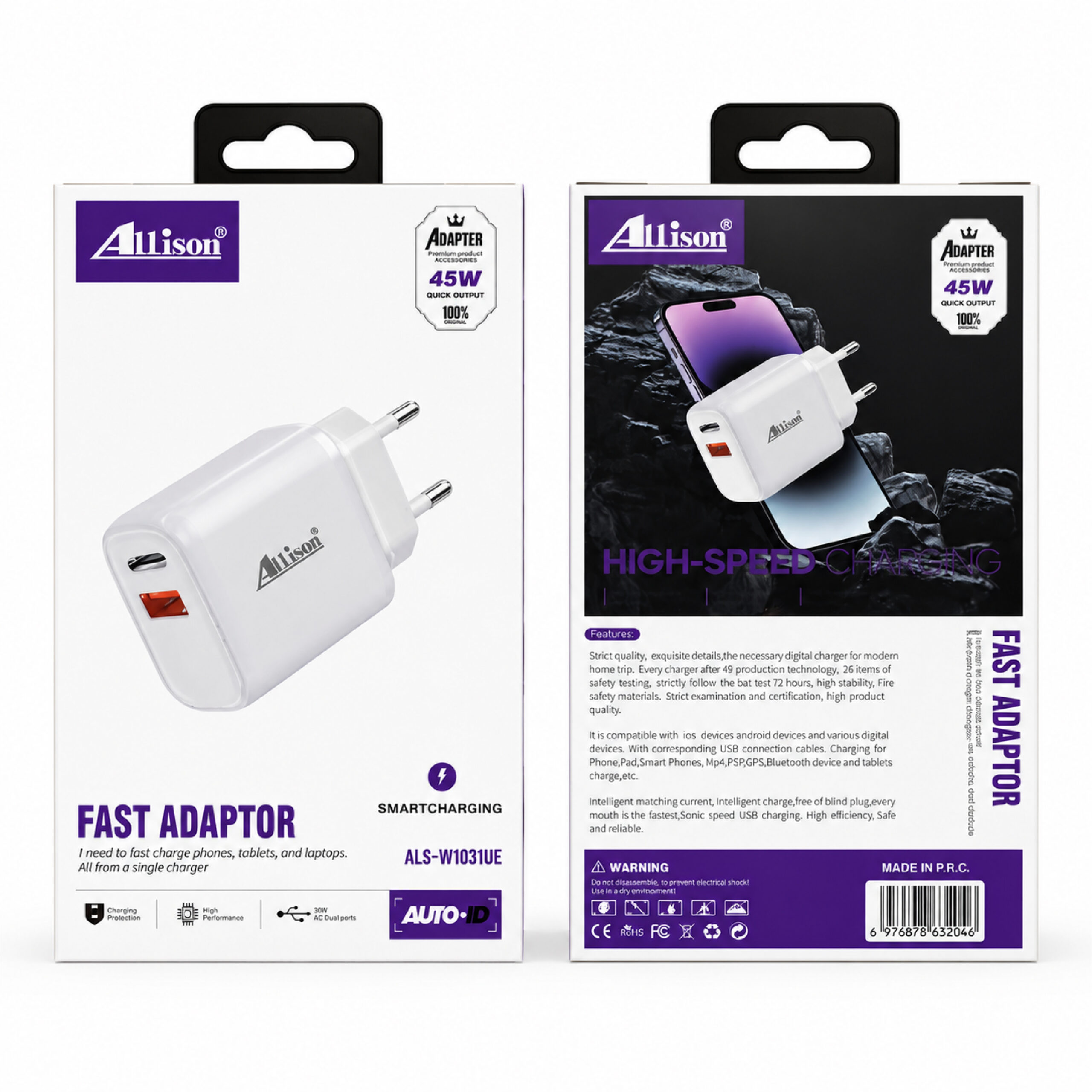 Chargeur Rapide ALLISON 45W USB-C PD + USB-A QC 3.0 – Image 2