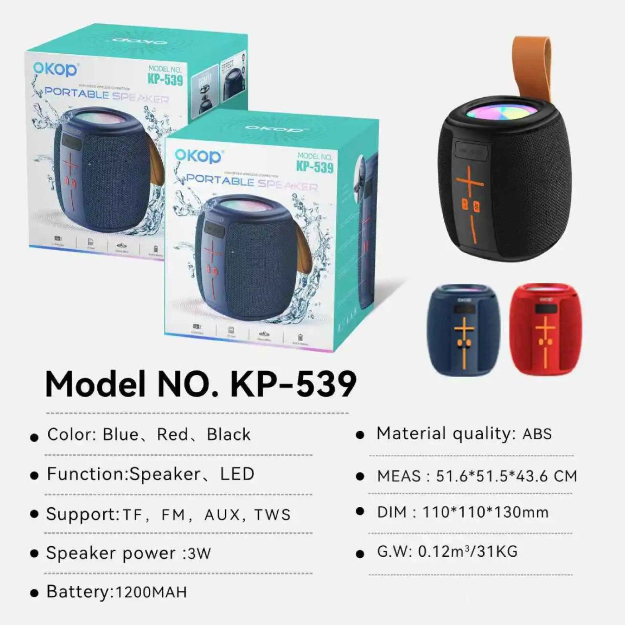 Enceinte Bluetooth Portable OKOP KP-539 avec Éclairage LED – Image 9