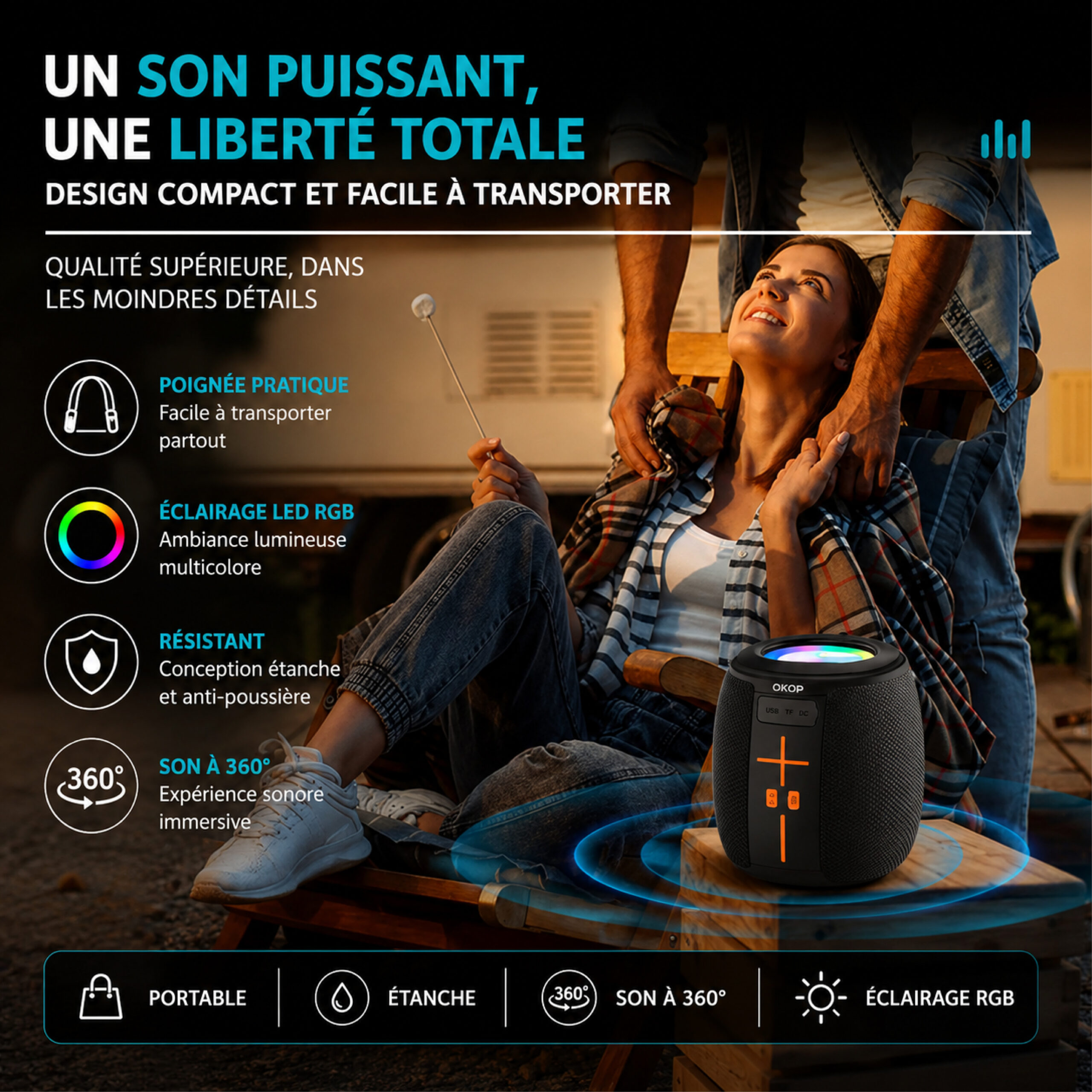 Enceinte Bluetooth Portable OKOP KP-539 avec Éclairage LED – Image 6