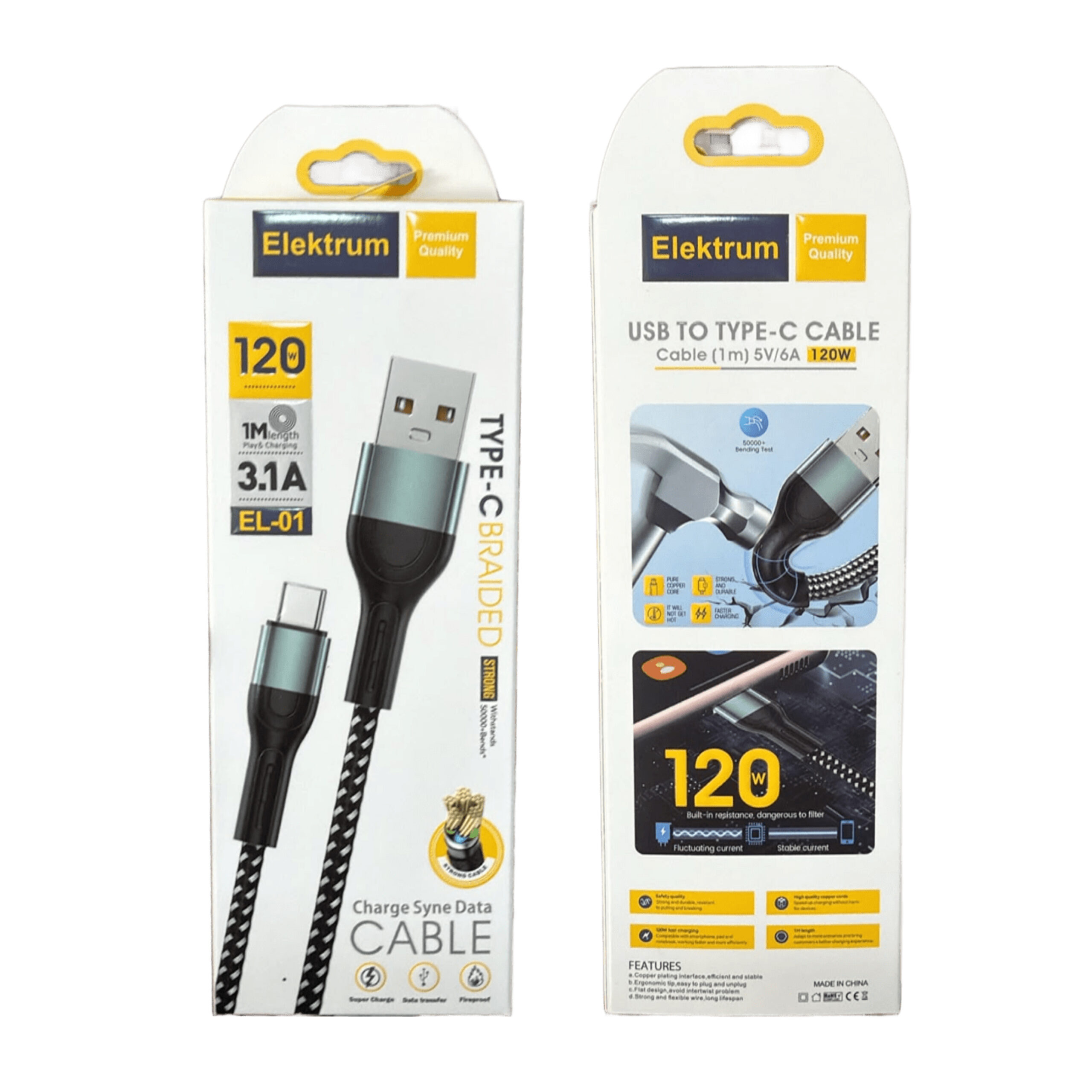 Câble ELEKTRUM EL-01 USB vers Type-C 1M – Premium Quality 120W – Image 2