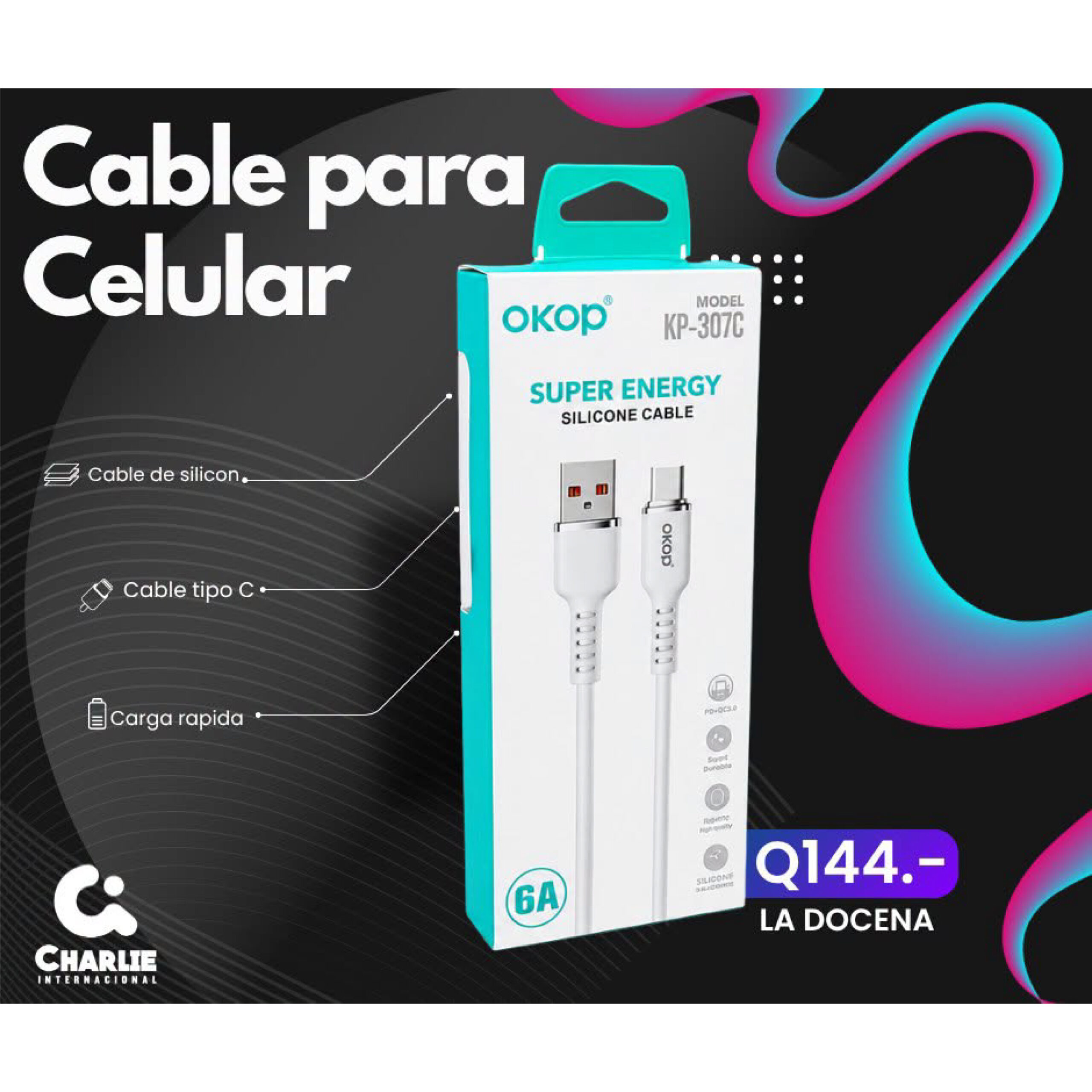 Câble Silicone USB-A vers USB-C OKOP KP-307C – 6A Charge & Data 1m – Image 5