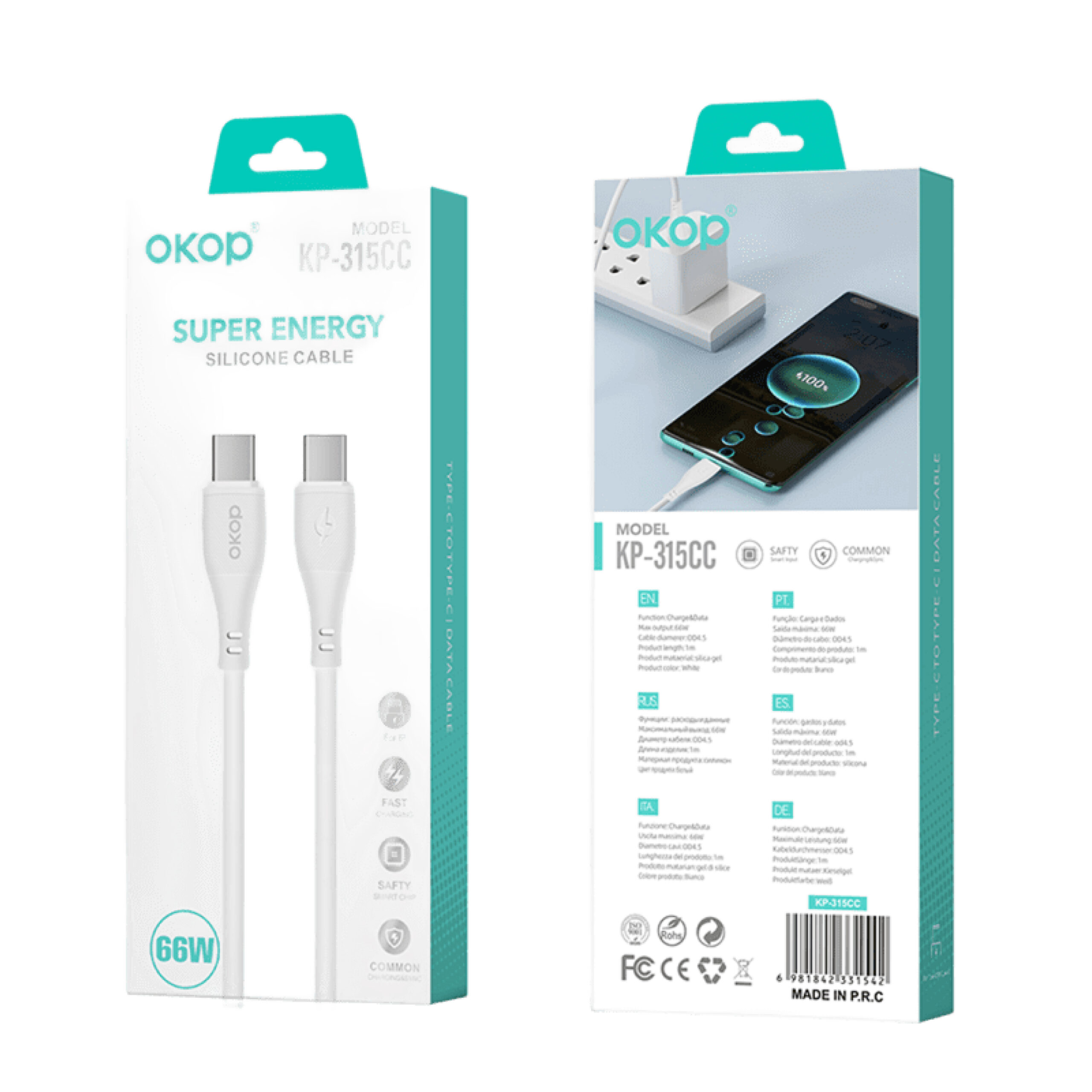 Câble USB-C vers USB-C OKOP KP-315CC – 66W Charge & Data 1m