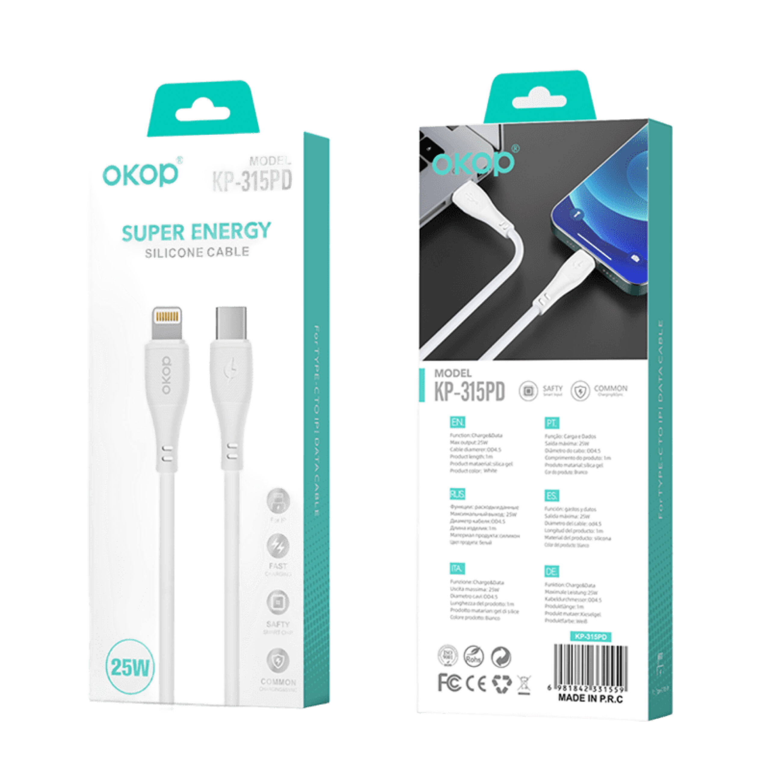 Câble USB-C vers Lightning OKOP KP-315PD – PD 25W Charge & Data 1m